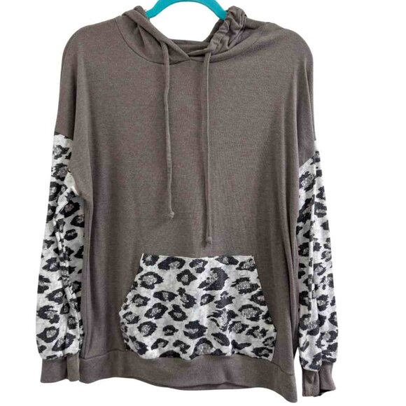 Lightweight Knit Brown/Cheetah Print Hoodie - Picture 1 of 2